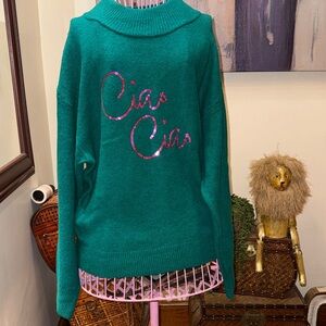 a new day Teal Sweater with Pink Sequin "Ciao Ciao"